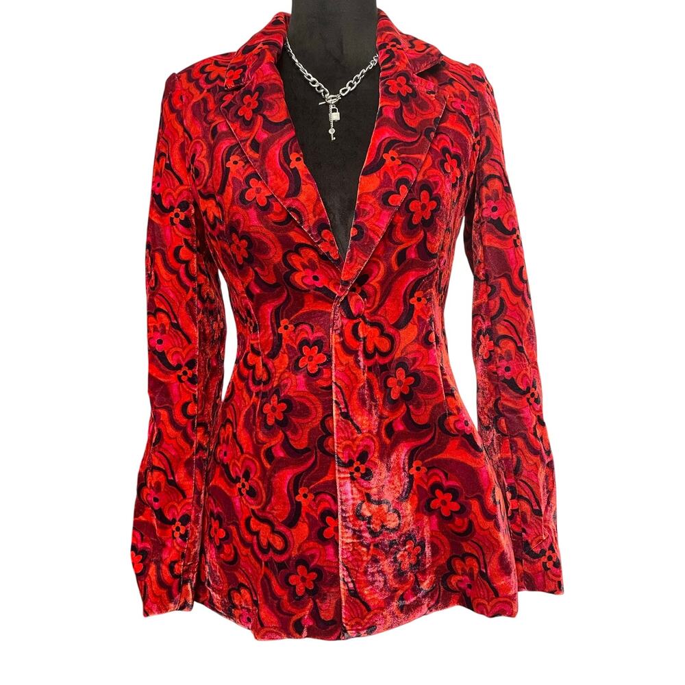 NWT - For Love & Lemons Red Floral-Paisley Velvet Penny Blazer - Picture 2 of 6